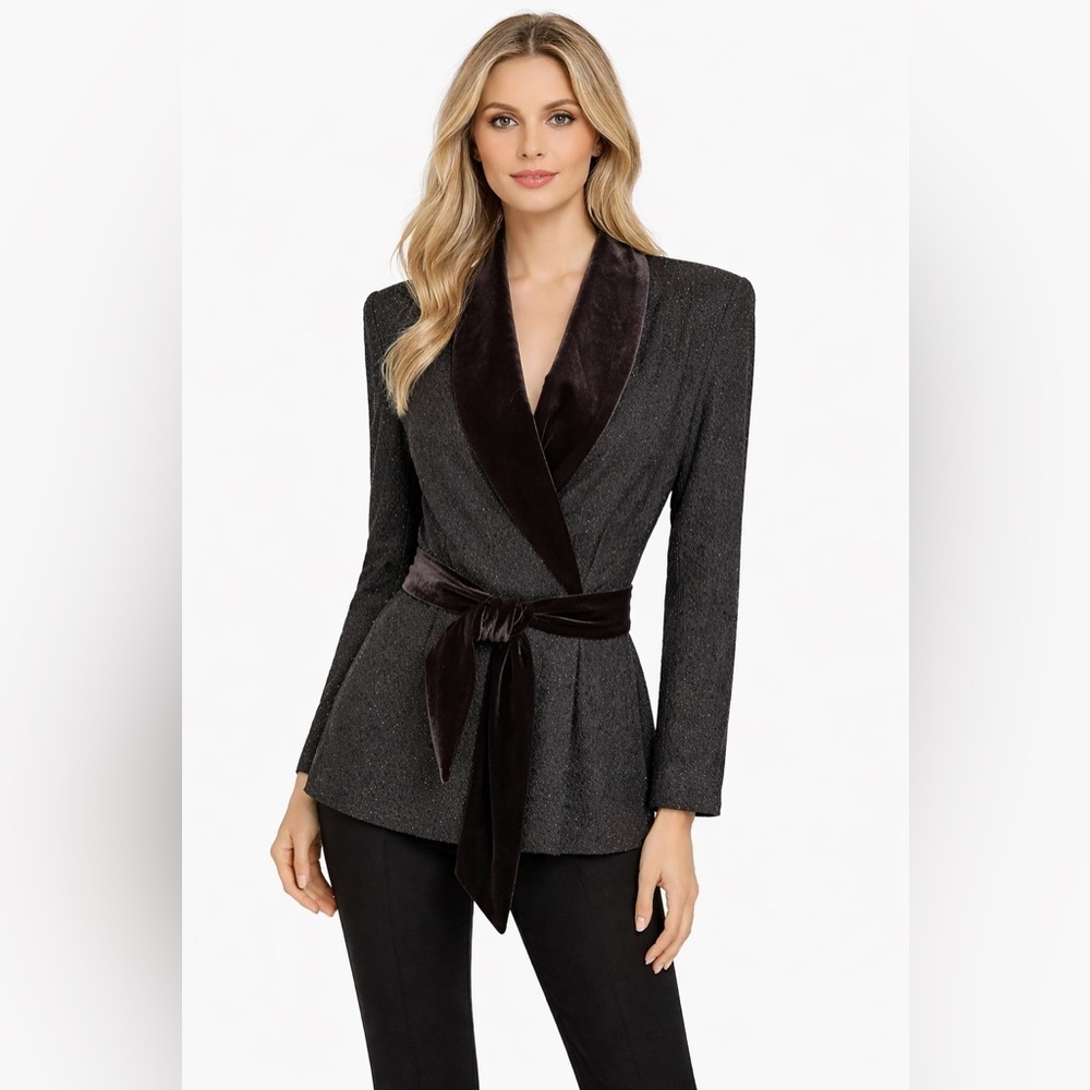 Jessica Howard Long Sleeve Black Sparkly Top With Velvet Collar/belt Size 8 - Picture 1 of 5